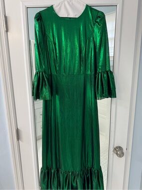 Pomander Place Shimmering Emerald Green Midi Dress with Ruffle Sleeves